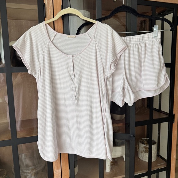 LAKE Pajamas Set maternity henley short sleeve top shorts elastic button nursing - Picture 1 of 11